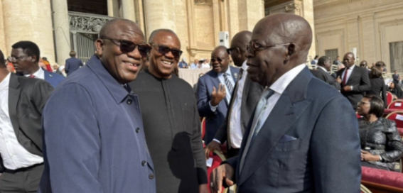 Nigerian leaders President Bola Tinubu, Peter Obi, and Kayode Fayemi together at the Vatican during Pope Leo XIV’s inauguration.