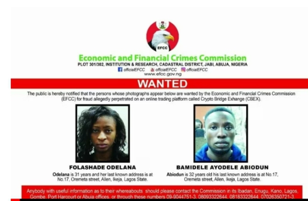 Folashade Odelana and Bamidele Ayodele Abiodun, declared wanted by the EFCC in connection with the CBEX cryptocurrency fraud case.